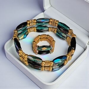 Handmade Crystal Bicone Bead Bracelet With Matching Stretch Ring Set